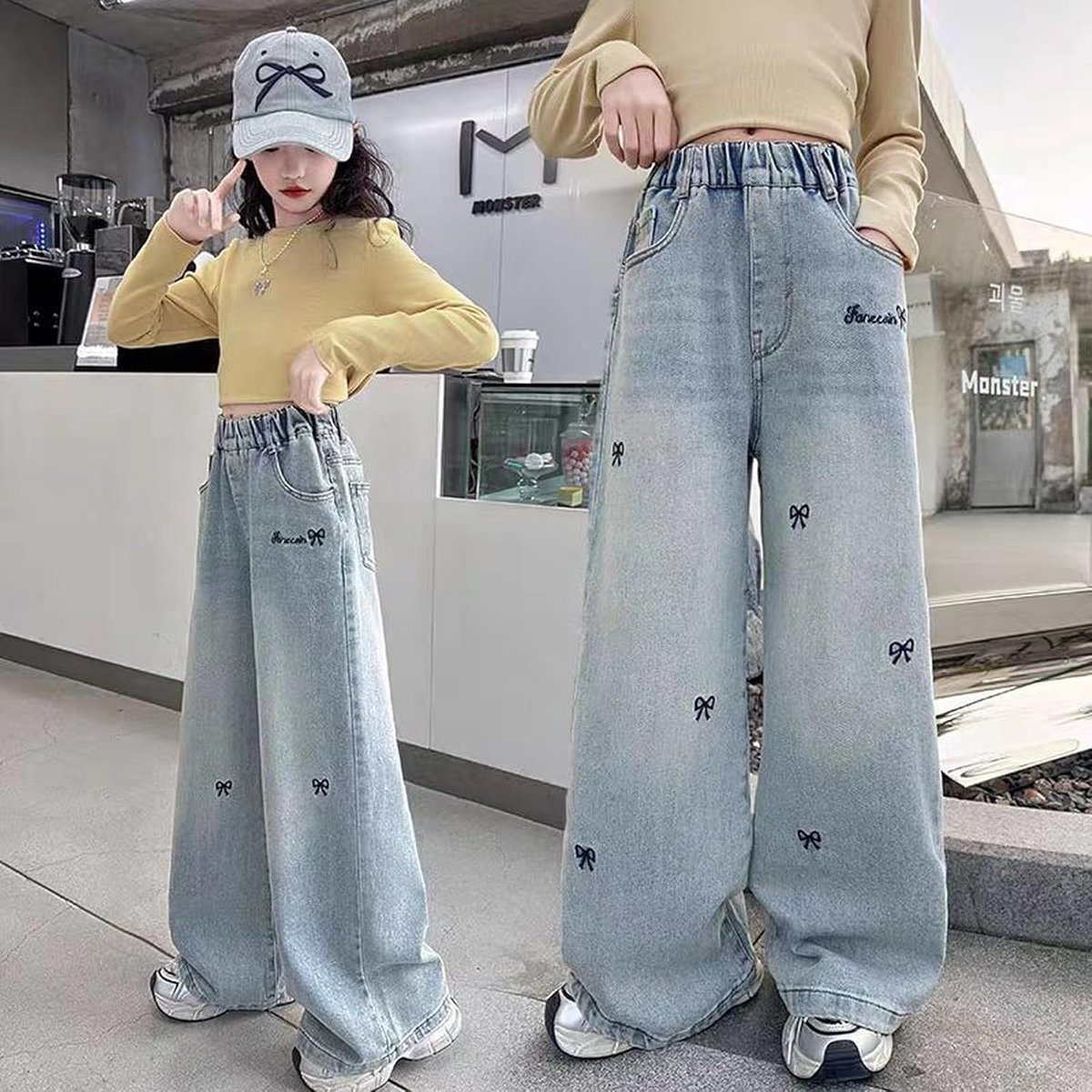 Stoere wijde pijpen jeans voor meiden met elastische tailleband