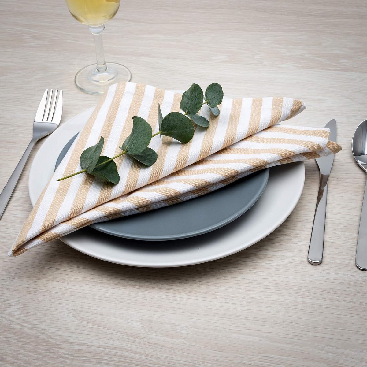 Set van 4 Stoffen Servetten Katoen Beige Wit Gestreept 45x45 cm