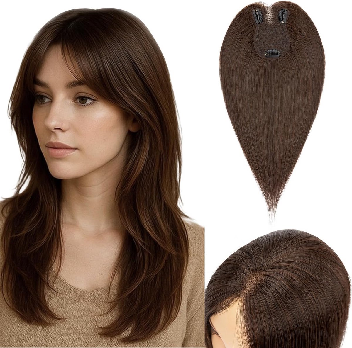 Echte Haar Zijpony Clip-in Extensions voor Dames - Donkerbruin 25cm