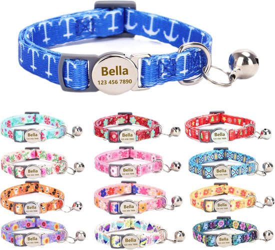 Gepersonaliseerde Kattenhalsband - Breakaway - Geborduurd Met Naam En Telefoonnummer - Verstelbaar 8-11,5 Inch - Met Bel - 6 Kleuren - Veilige Gesp
