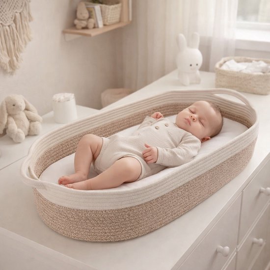 Een slapende baby in een beige babywieg van gevlochten touw, met witte matras. De wieg staat op een commode.