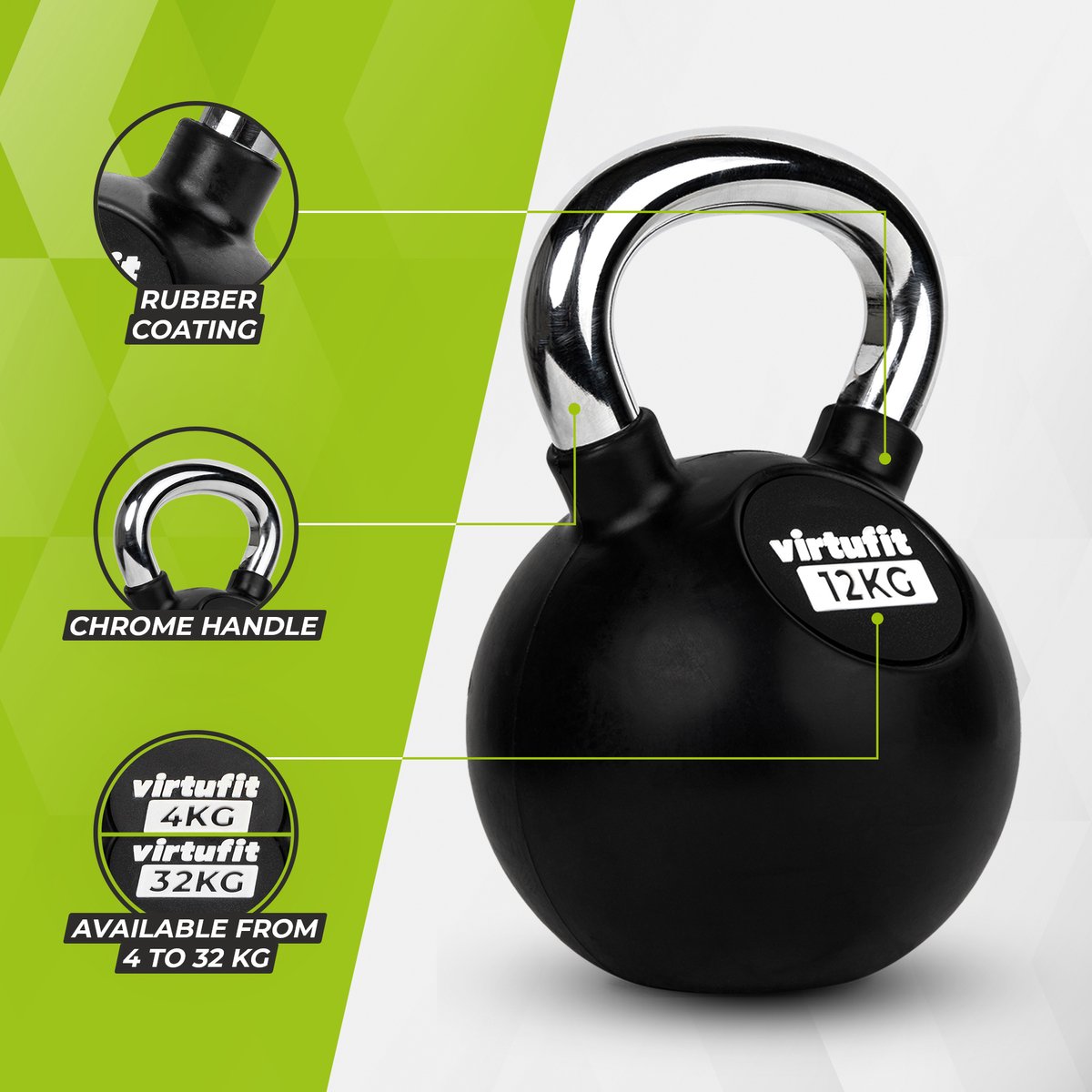 VirtuFit Kettlebell - Rubber/Chroom - 12 kg - Zwart - Sport Gewicht - Duurzaam Design - Ergonomische Handgreep - Geschikt voor CrossFit & Fitness - Conditietraining – foto 4