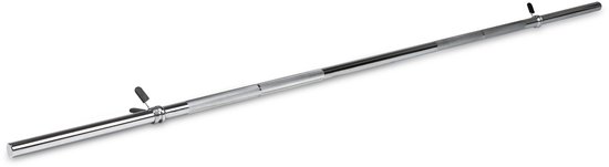 Zilverkleurige halterstang van 200 cm met veerclipsluitingen aan beide uiteinden.