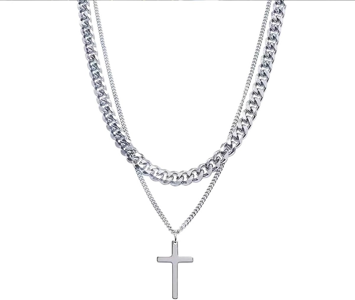 Herenketting met Kruishanger in Roestvrij Staal, Cubaanse Stijl