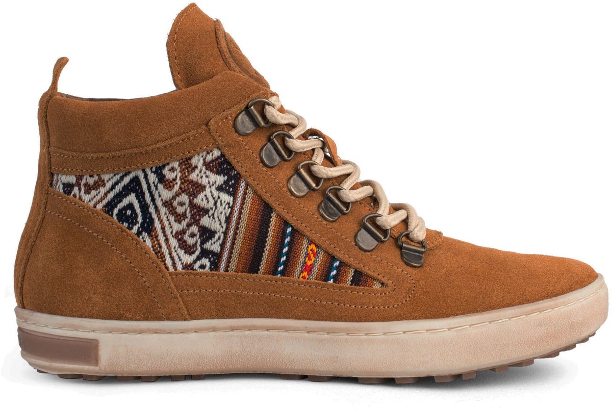 Inkkas Tan Suede Camping Boot dames wandel sneaker – leren hiking boot van tan suède met Peruaanse print – waterafstotend – gevoerde binnenvoering & uitneembare inlegzool Multiprint