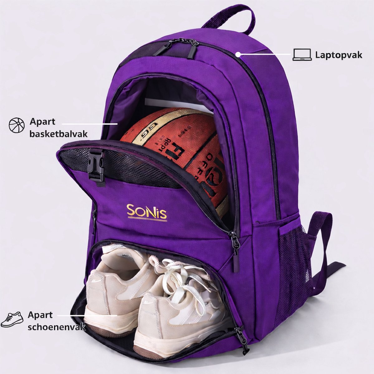 SoNis - Ultieme Voetbaltas - Voetbalrugzak met schoenen vak en bal vak - lichte Sportrugzak - Jongens en Meisjes - Basketbalrugzak - Waterdicht - Basketbal - Volleybal - Voetbal - Zwart/Paars