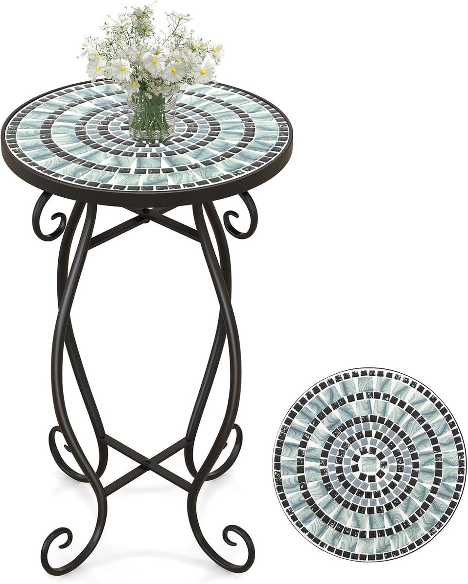 KOMFOTTEU Bijzettafel mozaïek - diameter 30 cm - ronde tuintafel - met metalen frame - voor balkon en terras
