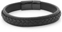 Zwarte gevlochten leren armband met glanzende zwarte sluiting en leeuwenlogo.