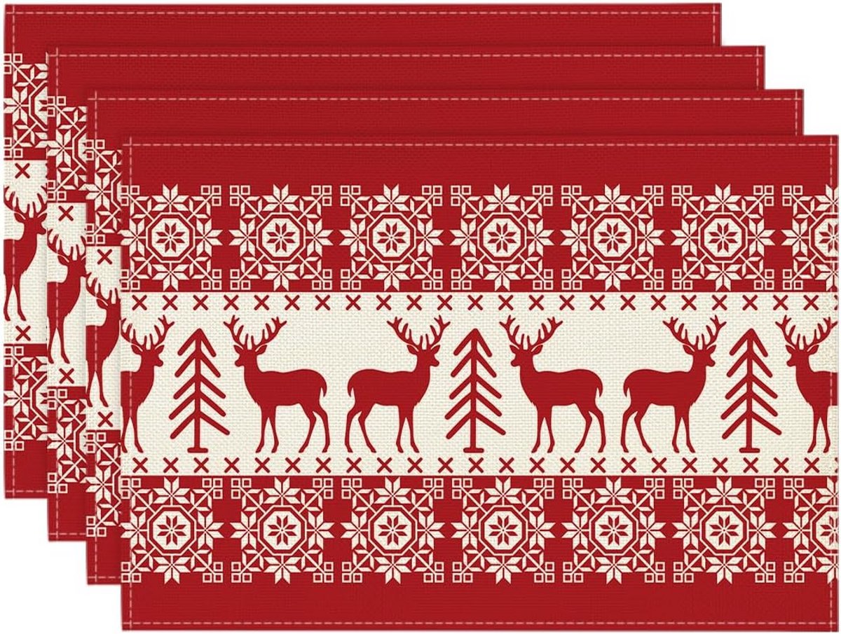 Set van 4 Kerst Rentier Tafelsets - Wasbaar Polyester Placemats 30x45cm