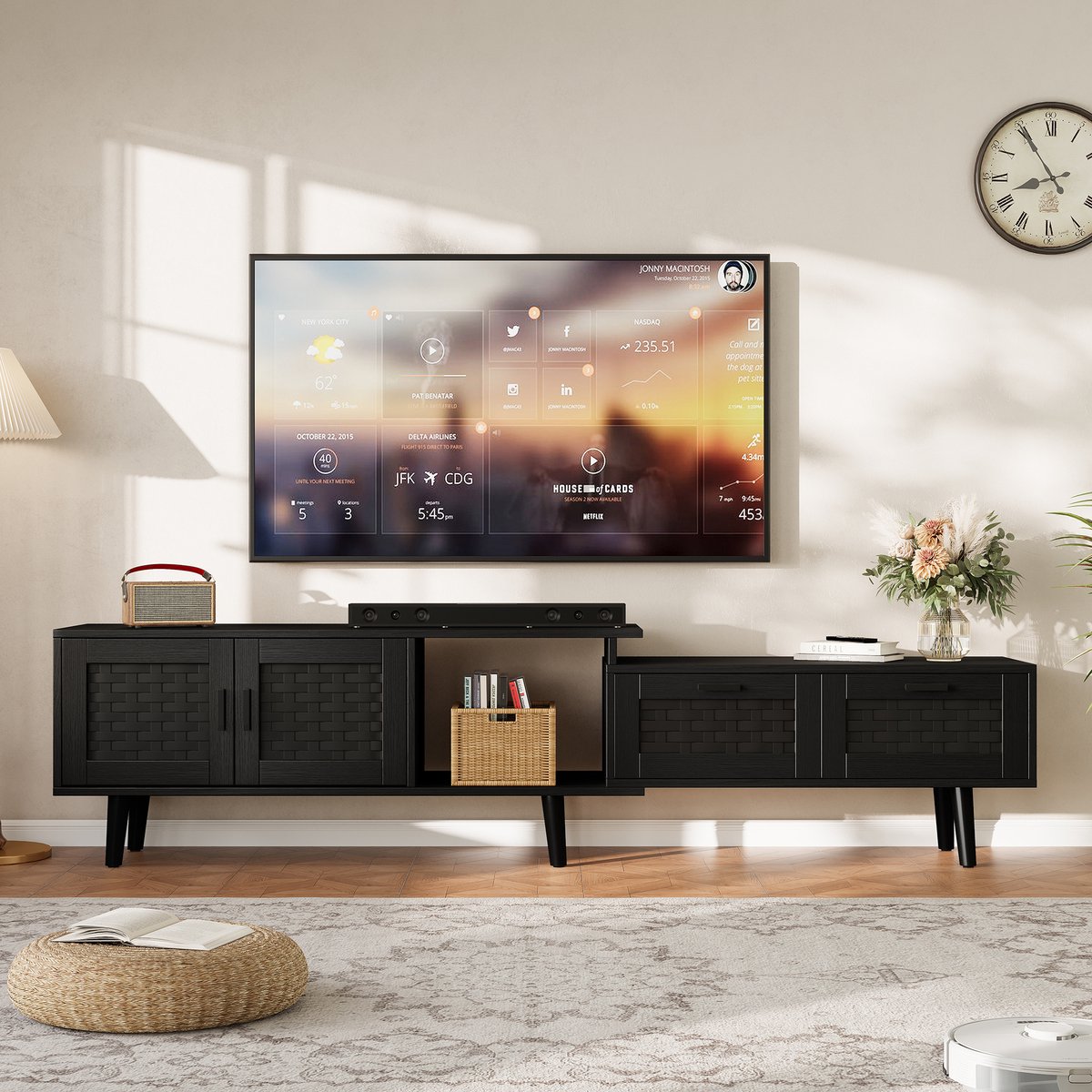Uitschuifbare TV-standaard (146-180 cm) - TV-standaard van riet - met kast en lades - TV-standaard met lage kast - Geschikt voor tv's van 75 inch en kleiner