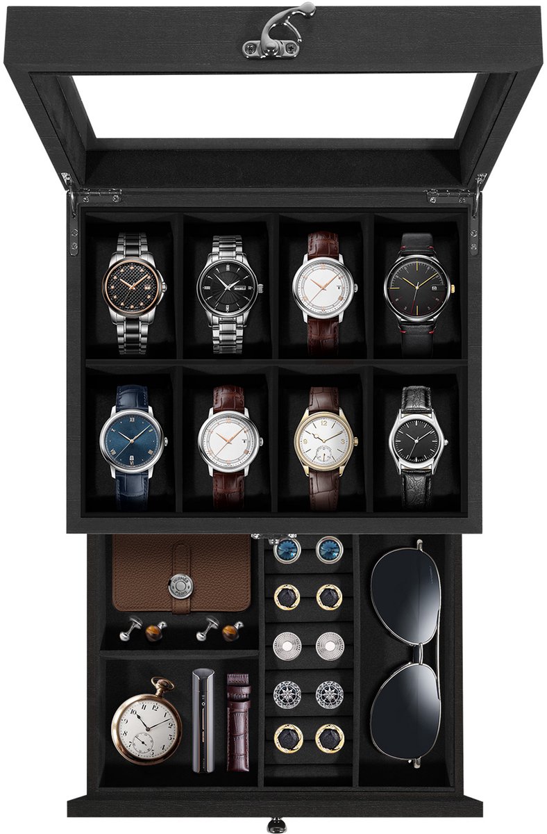 Uten 2 Niveaus Houten Horloge Doos - Horlogebox - Geschikt voor 8 Horloges - Sieradendoos - Brillendoos - Zwart