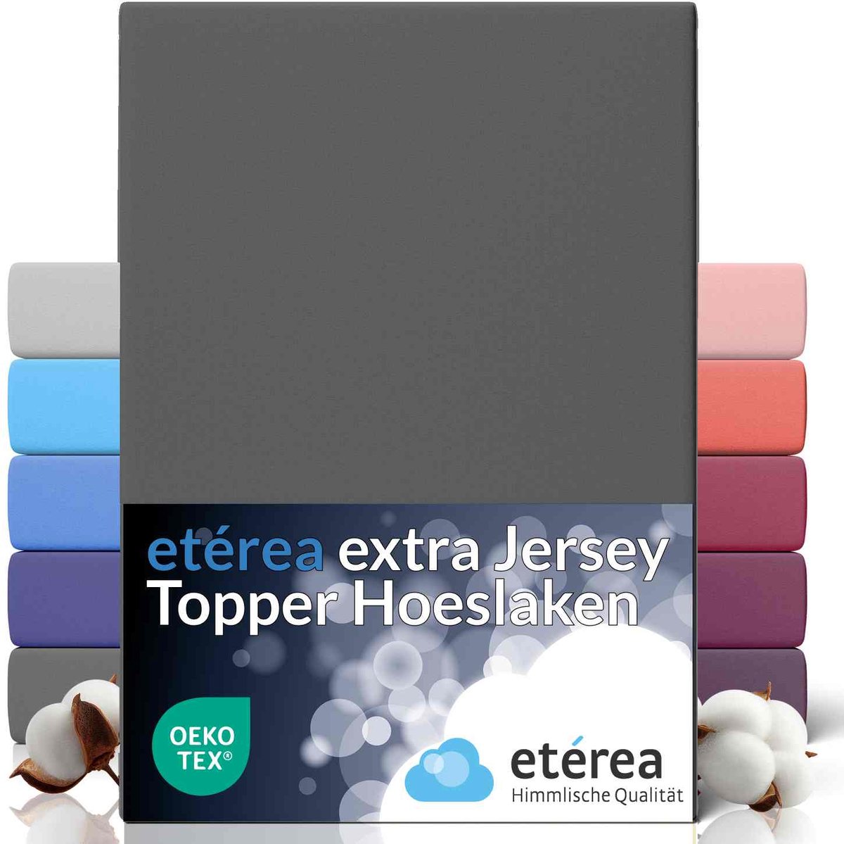 etérea Extra Jersey Hoeslaken 90x200 - 100x220 cm - Topper 10 cm - Oekotex - 100% katoen - Grijs