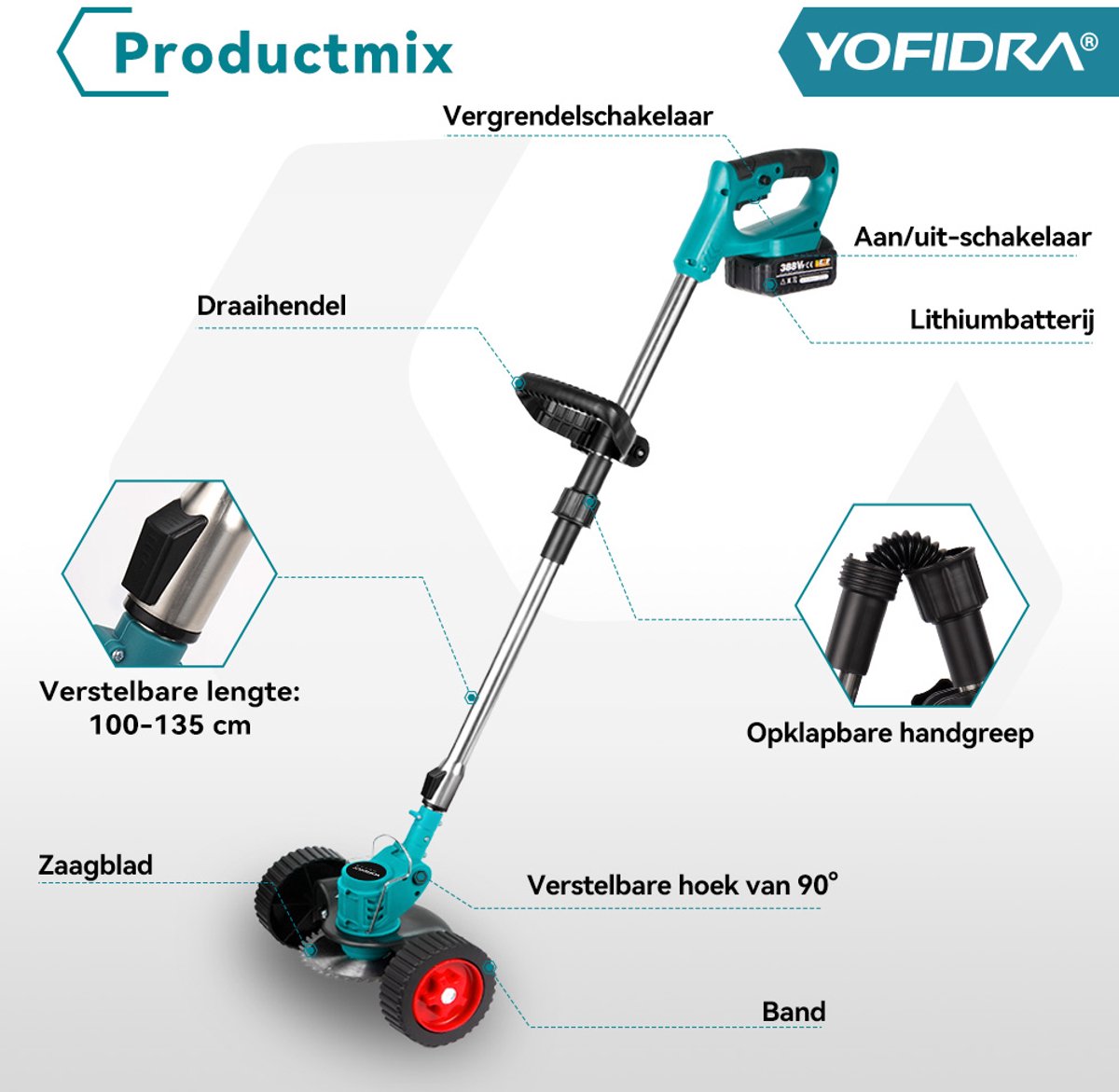 Yofidra Accu Bosmaaier - 4-in-1 Kantenmaaier - 150 mm Grastrimmer - Opvouwbaar - Draadloos & Elektrisch Grasmaaier - Incl. 2 Accu ‘s - voor gazon, struiken en onkruid. – foto 2