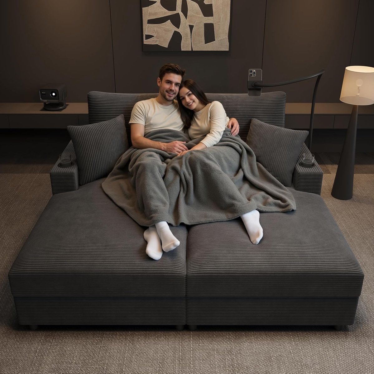 Slaapbank 2-Persoons 163 x 140 cm – Cord Sofabed met USB & USB-C, Bekerhouders, Telefoonhouder & Relaxfunctie – Beige Cloud Couch – Pauwhome