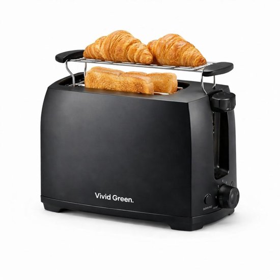 Broodrooster Zwart - Toaster Voor 2 Sneden - 700W - Met Opzetrekje & Ontdooifunctie - Vivid Green