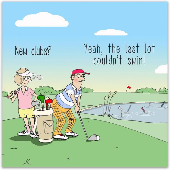 Grappige wenskaart met golfer en golfclubs - blanco kaart voor diverse gelegenheden — afbeelding 2