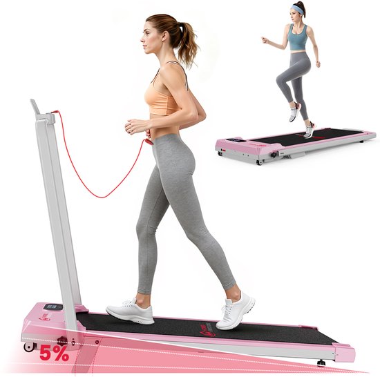 HOMEFITNESSCODE 3-in-1 opvouwbare loopband met 5% helling - Inklapbaar loopband Elektrisch met armleuningen - 1-6 km/u - 2,5 pk motor - afstandsbediening - LED-scherm - 120 kg draagvermogen - Geluid<40db - Roze