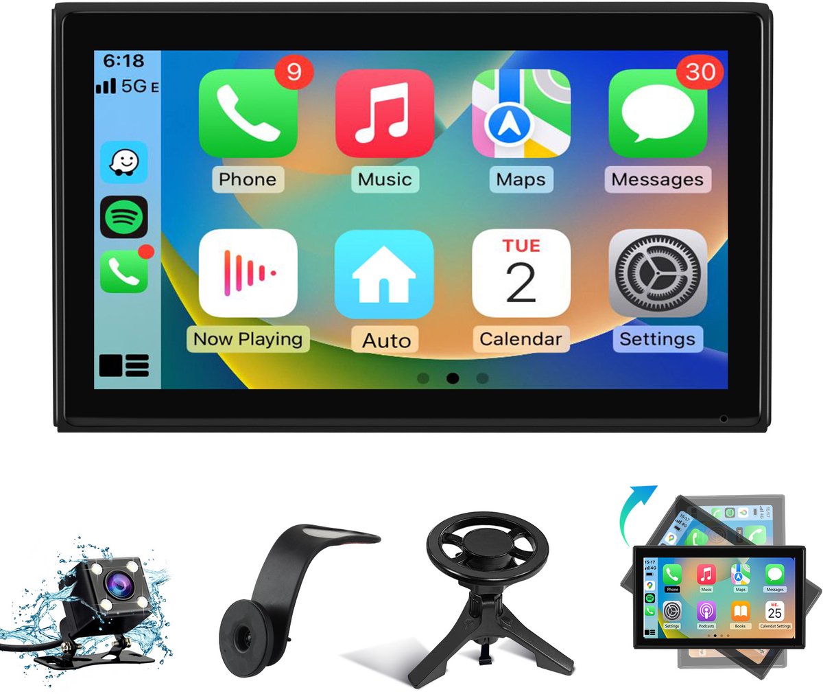 Junsun 9 inch Plug & Play FM Radio met Draadloze Carplay & Android Auto, 360° Draaibaar Scherm + Camera + Installatieset + AUX
