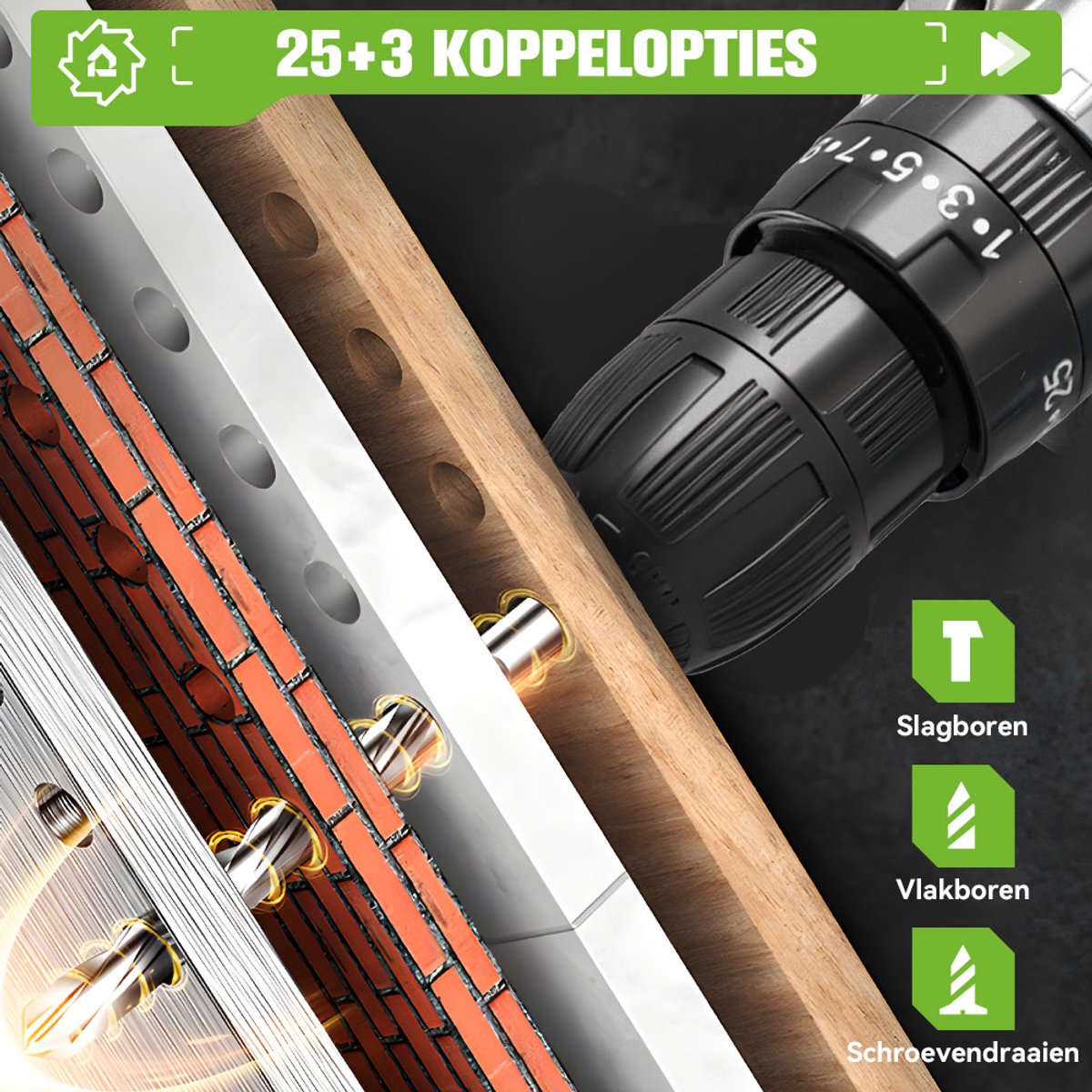 ONEGREEN Accuboormachine - 45 N·m Boormachine - Accu Schroefboormachine - 25+3 Standen - 2 Snelheden - LED - Boordriver Kit - voor Thuis & Klussen – foto 7