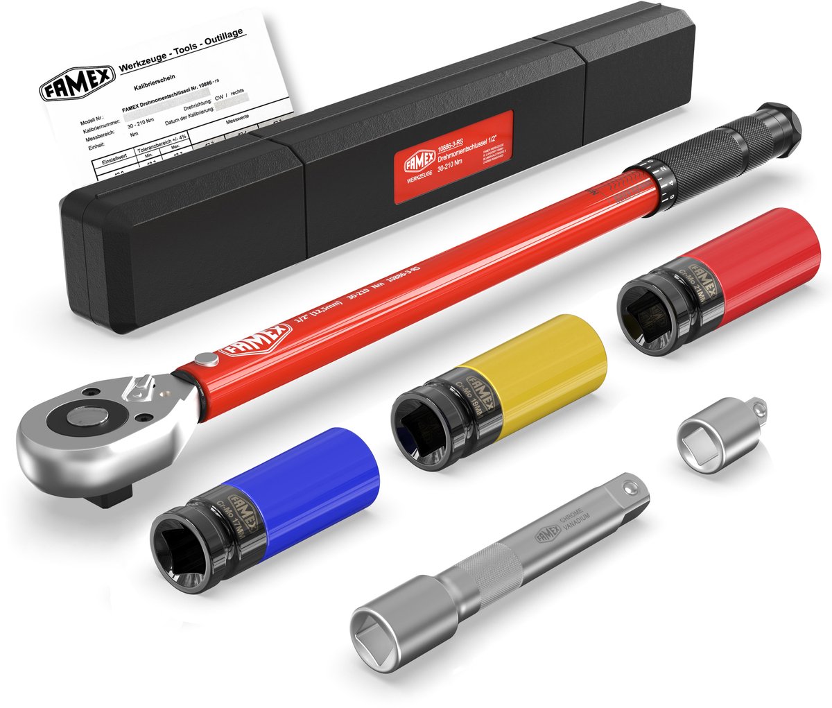 FAMEX 10886-3-RS Momentsleutel 1/2” - 30-210 Nm, gekalibreerd tot ±3% - Met doppen 17, 19, 21 Nm, Auto, Set, kalibratiecertificaat
