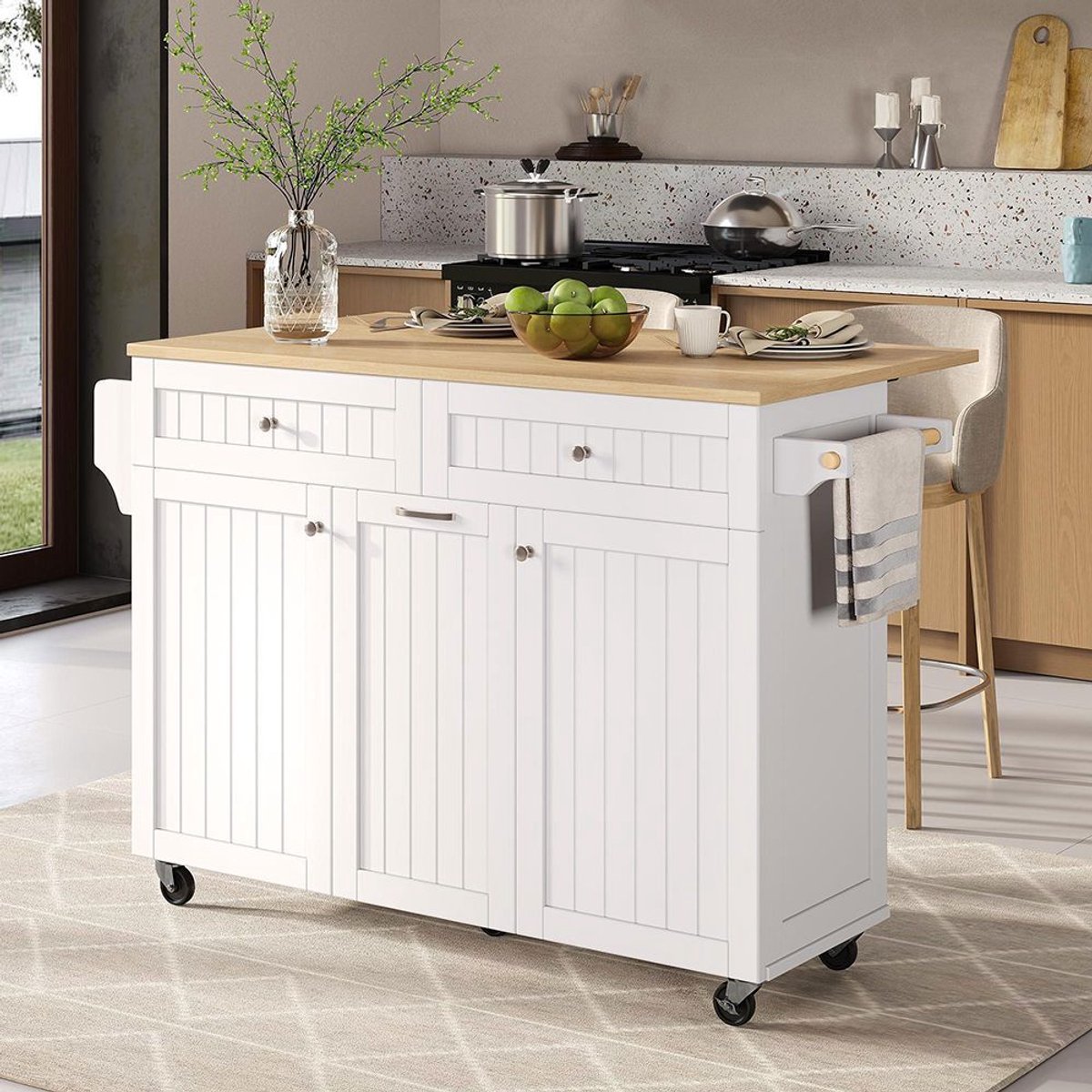 BLACKCOLORS Keukeneiland op wieltjes, uitschuifbare eethoek Keukeneiland met multifunctionele lades, verrijdbaar keukeneiland Ideaal voor de keuken en eetkamer (wit)