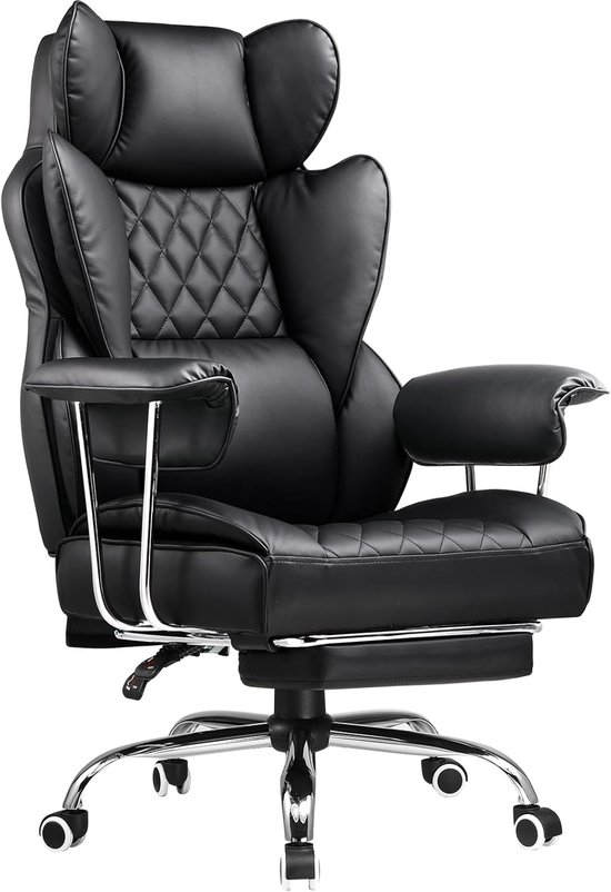 Productafbeelding 1 stuk - Bureaustoel met uitschuifbare voetensteun - Grote en hoge bureaustoel - ergonomisch ontwerp met hoge rugleuning - directie bureaustoel met afneembaar lendenkussen - verstelbaar van 90-135°, synthetisch leer - zwart - Beste directie bureaustoelen keuze