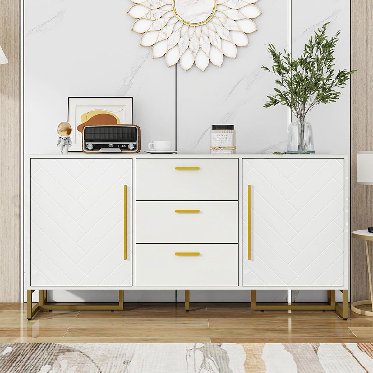 KOMHTOM BLACKCOLORS Elegante witte buffetkast met visgraatmotief, met 2 deuren en 3 lades voor de eetkamer, keuken en woonkamer (wit)