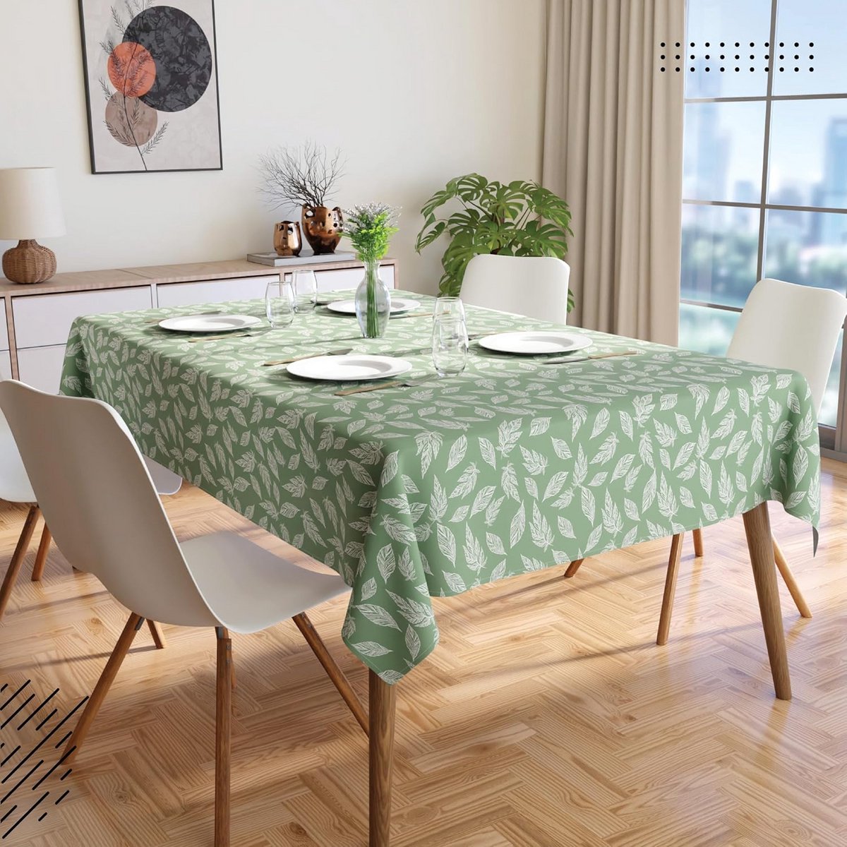 Tafelkleed Rechthoekig 142x180 cm Groen Bladeren - 100% Katoen voor 4-6 Persoons Eettafel