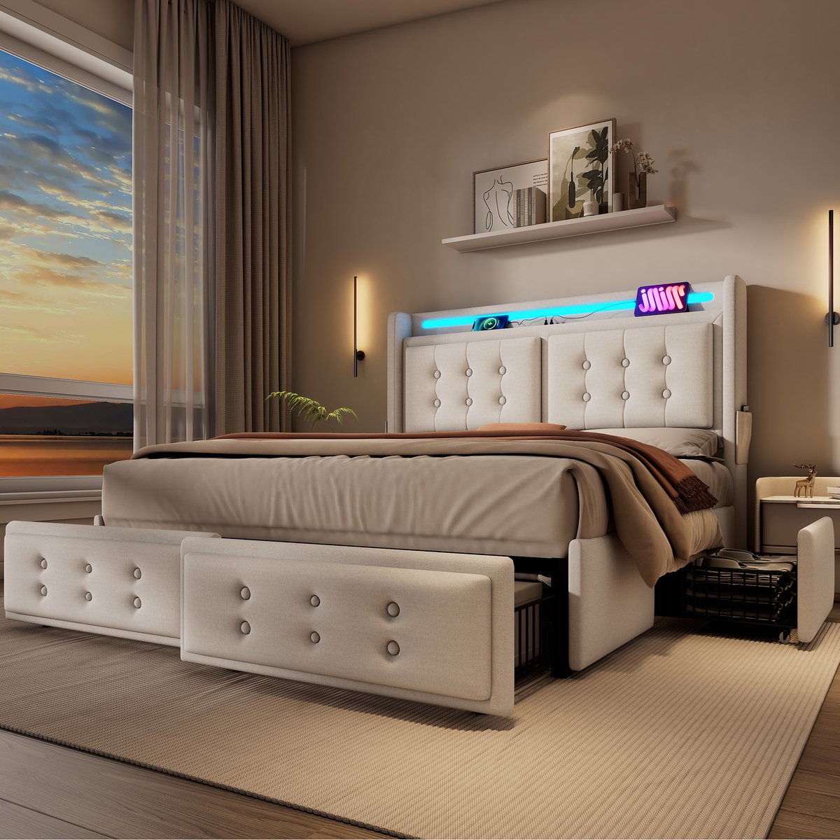 REDOM Bedframe 160x200 cm van katoen-linnen – Met LED, USB/Type-C, 4 lades en opbergvakken – Beige