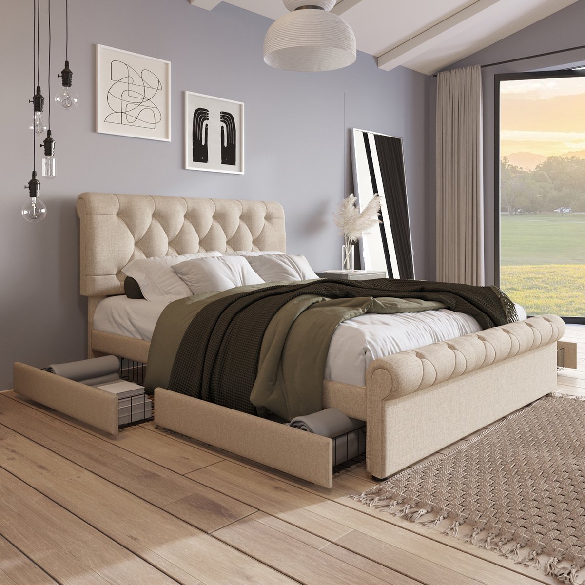 REDOM Bedframe 140x200 cm – Linnen – Verstelbaar hoofdbord – 4 lades – Incl. matras – Natural Natuurlijk