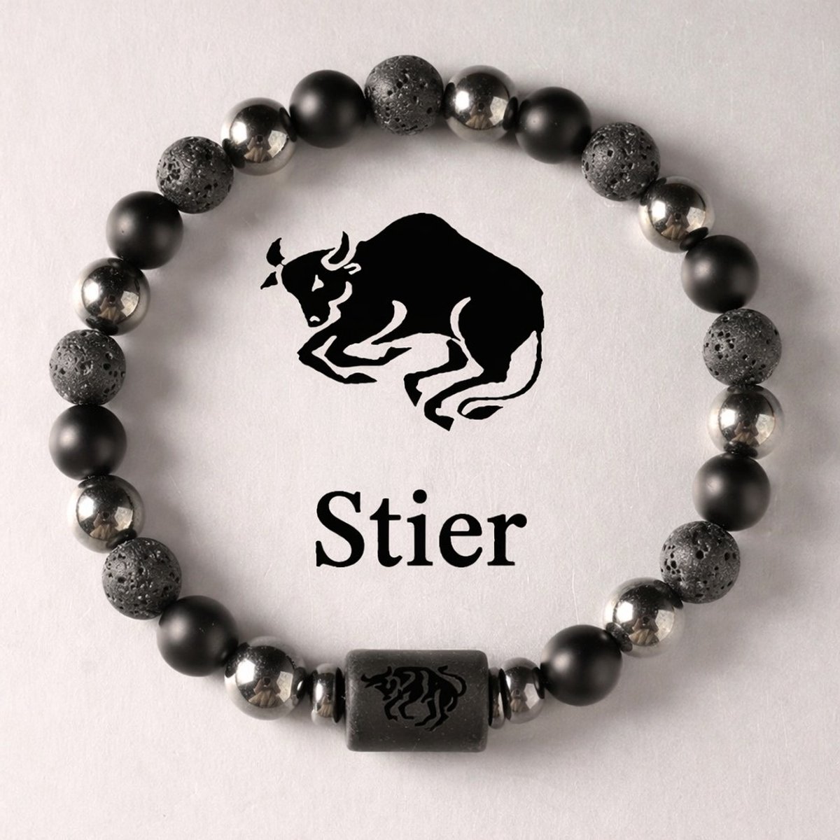 S4H Sterrenbeeld Armband Stier 18 cm – 8mm Kralen – Lavasteen, Mat Zwarte Agaat & Hematiet – Unisex
