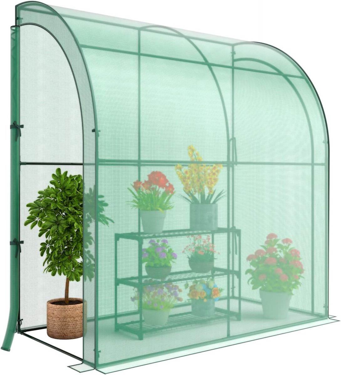 KOMFOTTEU Kas, foliekas met 3 verdiepingen bloemrek en PE-roosterbescherming, tomatenkas met 2 roldeuren, tomatenhuis, broeikas, wandkas, 198,5 x 98 x 215 cm, groen