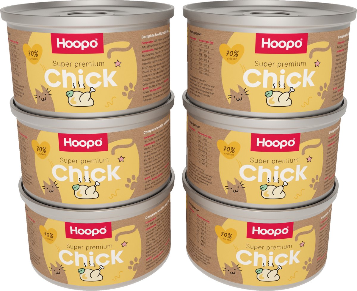 Hoopo® Hoopo Chick - Kattenvoer - 6 x 200g - Natvoer kat - Graanvrij - Monoproteine - 70% vlees - Voor volwassen katten