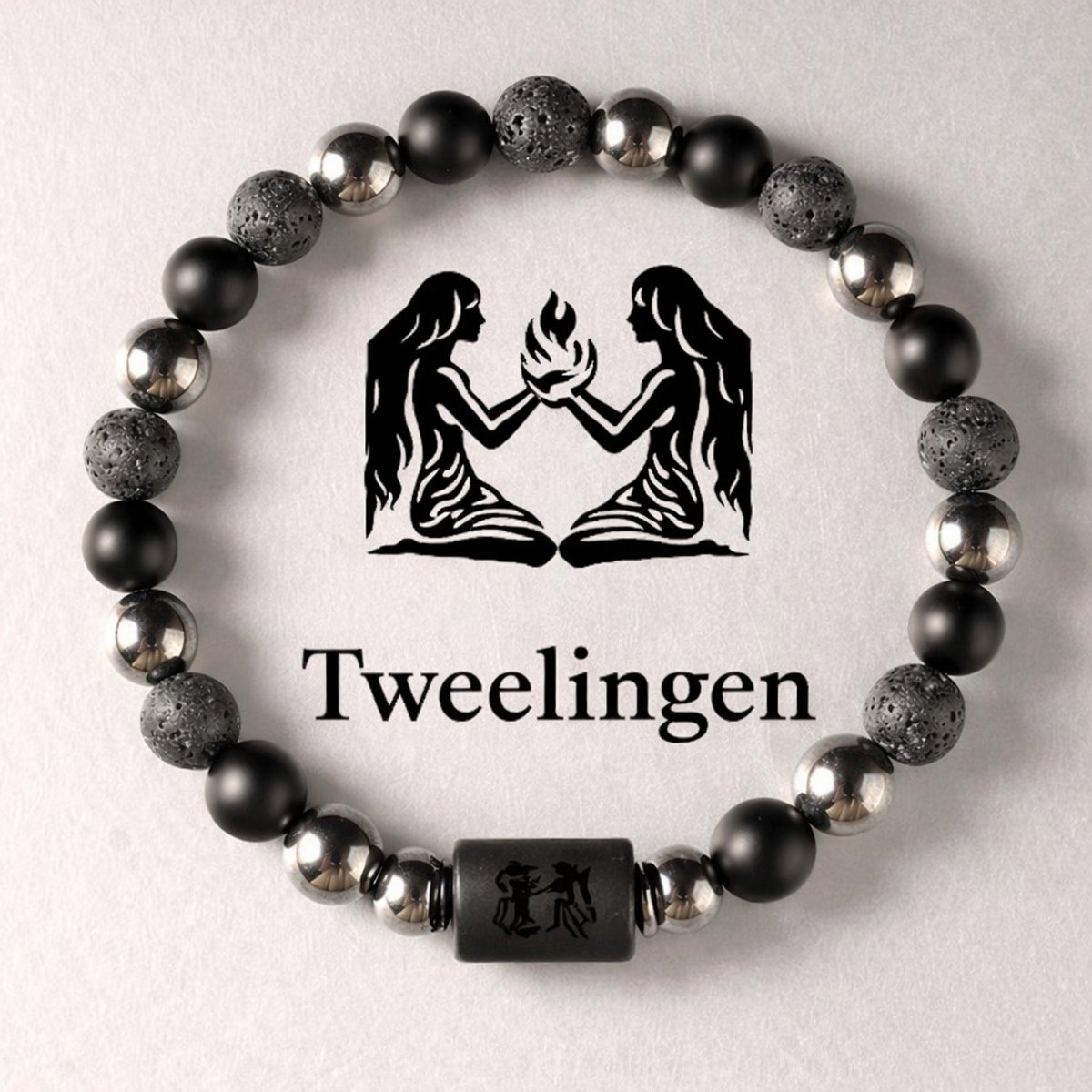 S4H Sterrenbeeld Armband Tweelingen 18 cm – 8mm Kralen – Lavasteen, Mat Zwarte Agaat & Hematiet – Unisex