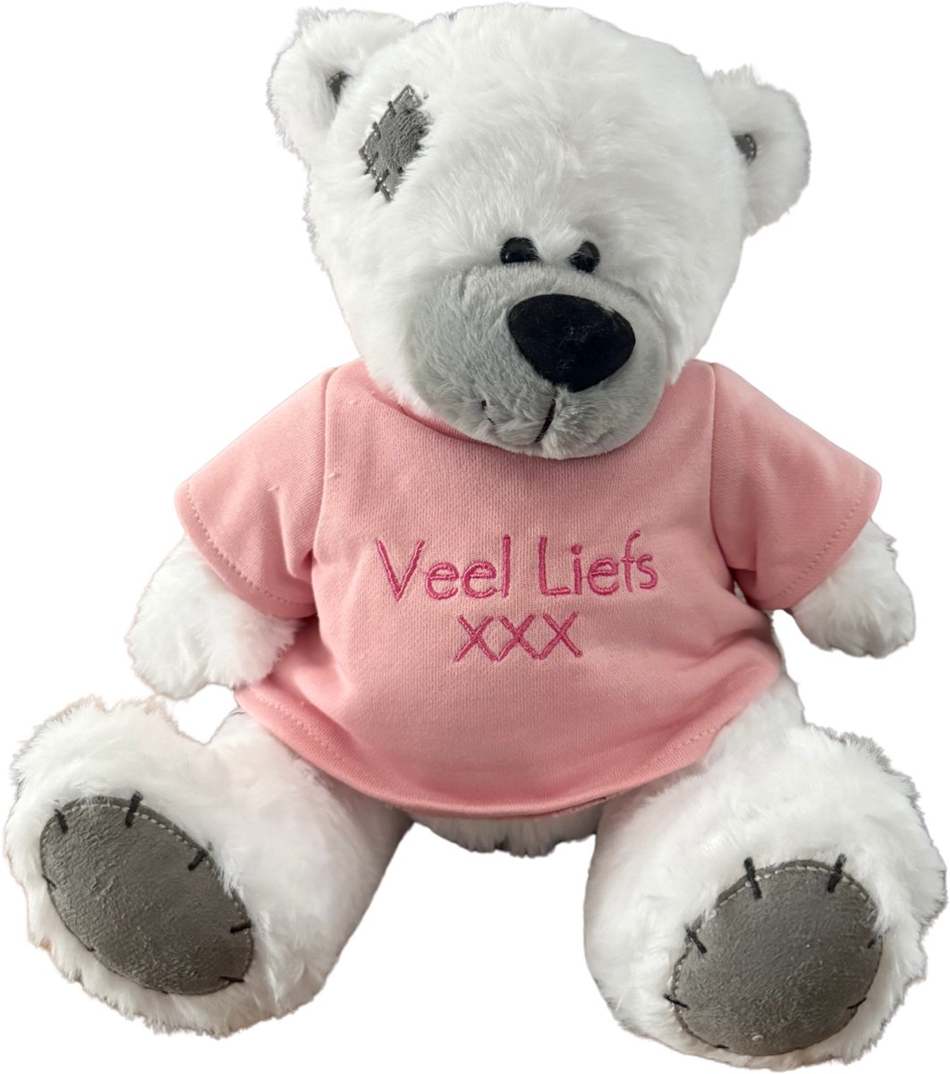 Schattige Witte Teddybeer met tekst Veel Liefs – Beer Pluche Knuffel Wit met tekst Veel Liefs 25 cm - Knuffelbeer - Teddybeer - Pluche beer - Perfect Cadeau voor Valentijn of Verjaardag
