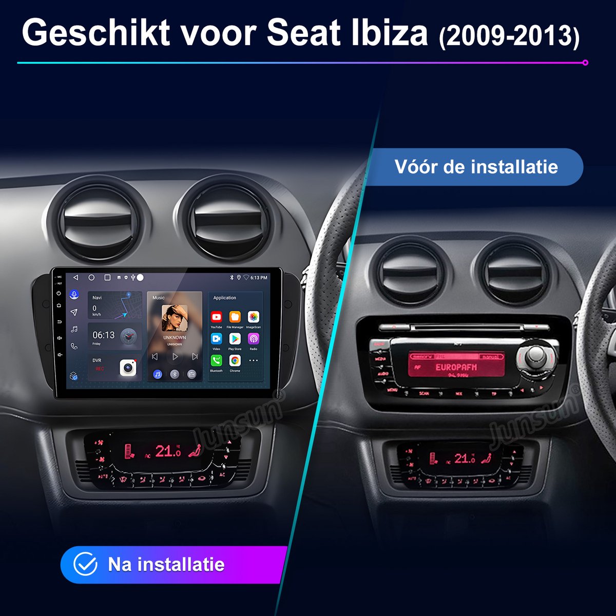 Junsun Android 15 Autoradio Geschikt voor Seat Ibiza IV 6J 2009-2013 ,2GB+32GB, Draadloze CarPlay & Andriod Auto, DAB+, GPS-Navigatie, WIFI, Bluetooth, RDS, FM, SWC, 9-inch IPS Touchscreen, DSP, Quad-core processor