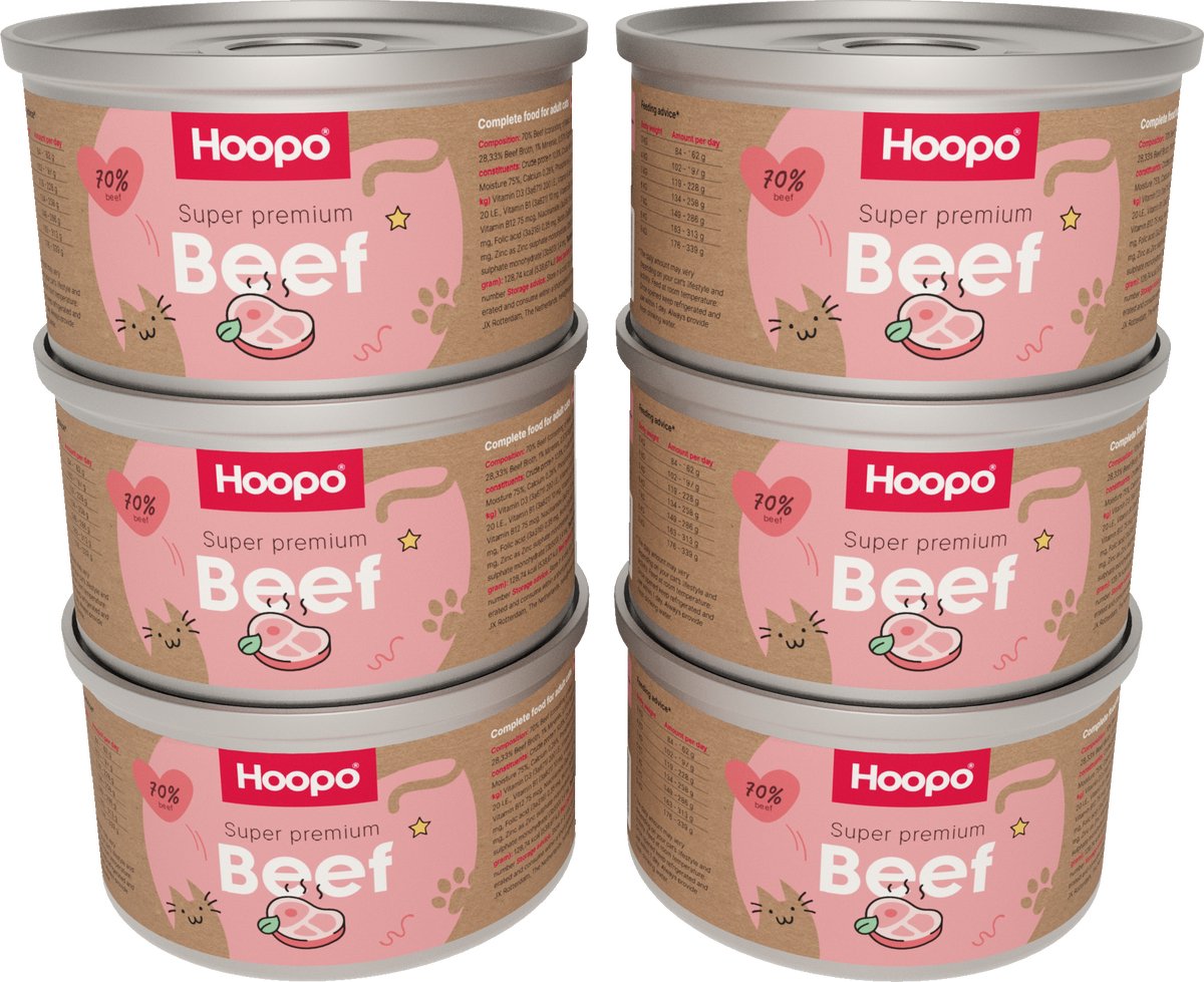 Hoopo® Hoopo Beef - Kattenvoer - 6 x 200g - Graanvrij - Monoproteine - 70% echt vlees - Natvoer kat