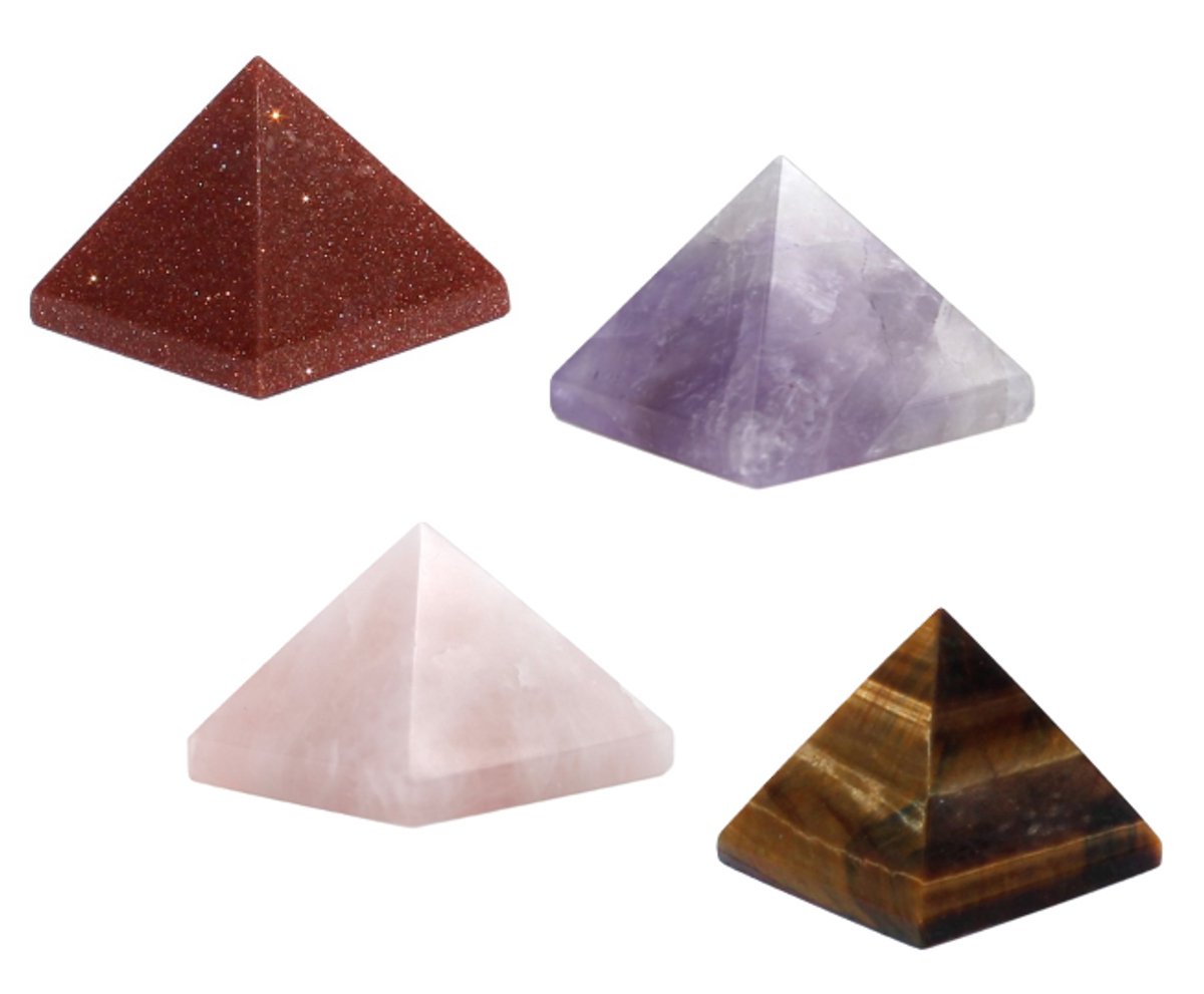 Edelsteen piramide set van 4 - Agaat piramide - Rozenkwarts piramide - Tijgeroog piramide - Zonnensteen piramide - 3.7cm.