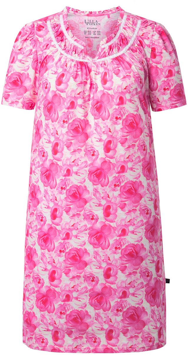 Ulla Popken Dames - Nachthemd rozen ronde hals korte mouwen - Roze - Maat 46+