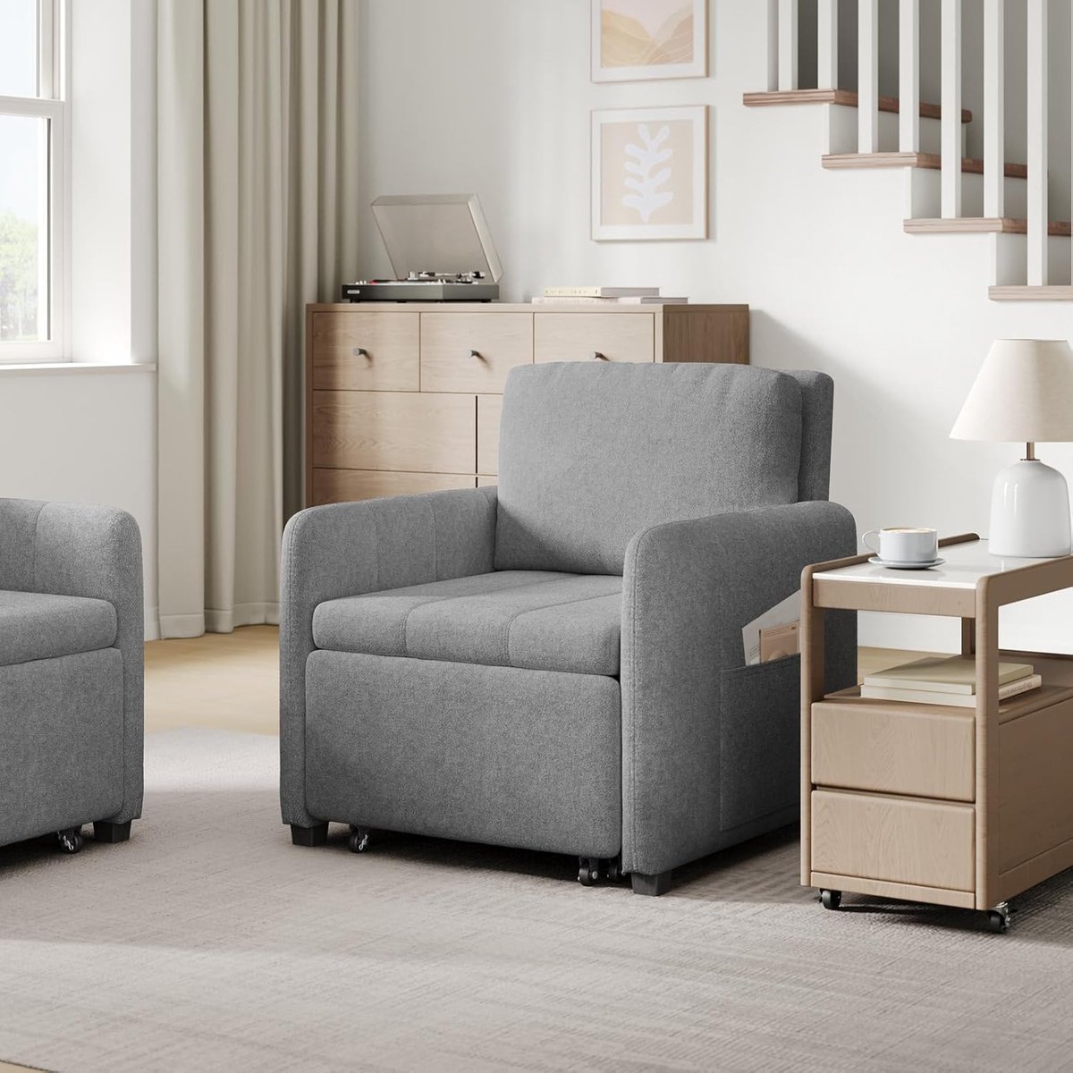 3-in-1 slaapstoel met slaapbank en verstelbare rugleuning – uitklapbare leesstoel met zijzak, ruimtebesparend, 82,5 x 76,5 x 85 cm, lichtgrijs – Pauwhome
