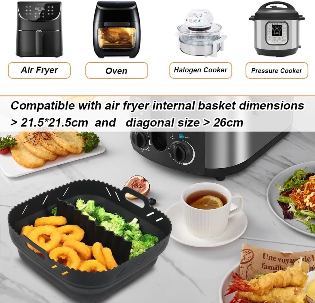 Luchtfriteuse Liner Siliconen met Verdeler, Vierkante Siliconen Luchtfriteuse Accessoires voor Ninja Speedi 5,7L / Cosori 5,5L/ Tefal/ Instant Vortex/ Philips Luchtfriteuse, 20,3 cm thumbnail 6