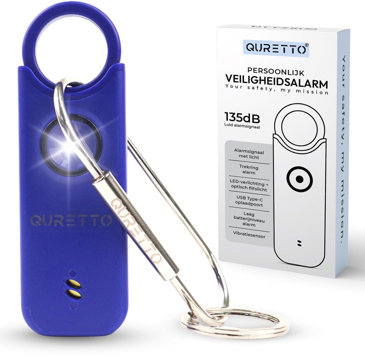 QURETTO® Persoonlijk Alarm 135 dB met Vibratiesensor – Inbraak- & Noodalarm – Veiligheidsalarm Sleutelhanger – Voor Vrouwen, Ouderen & Kinderen – Zelfverdediging & Wolvenverjager – USB-C Oplaadbaar met LED Zaklamp – Alarmknop