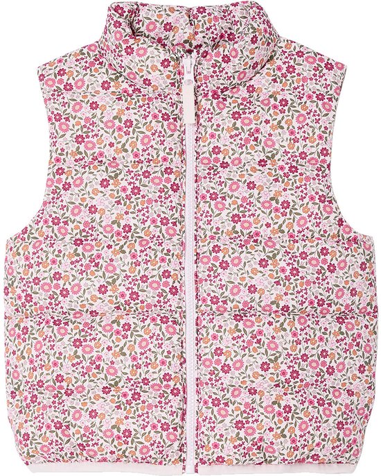 Roze mouwloos kinderjack met een witte basis en een all-over bloemenprint in roze en groen.