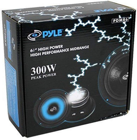 Verpakking van de Pyle PDMR6 speaker. Zwart met blauwe bliksem en afbeeldingen van de speaker.