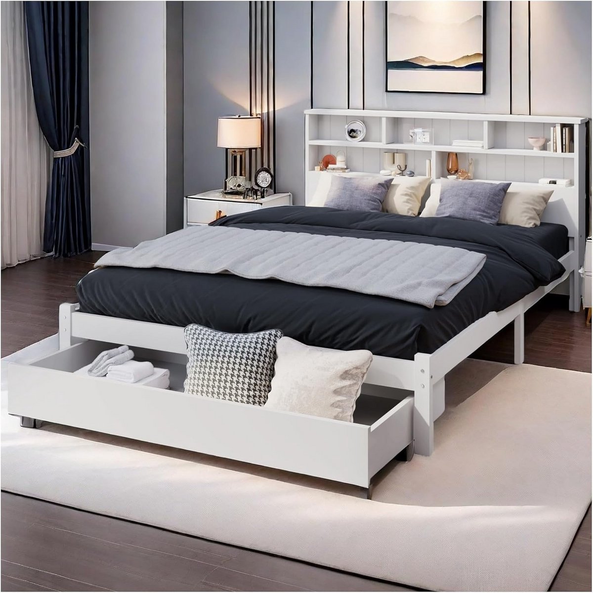 Tweepersoonsbed 140x200 cm met Opbergruimte en Boekenkast Wit Hout