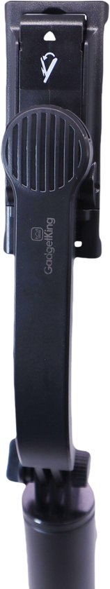 Een zwarte, opvouwbare selfie-stick met de GadgetKing-logo, tegen een witte achtergrond.