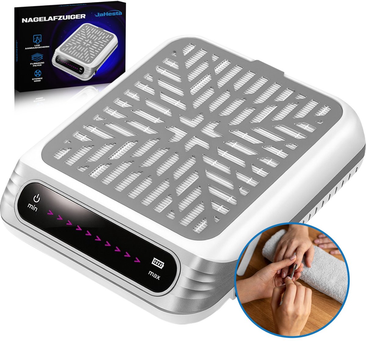 JaHeSta® Nail Dust Collector – Oplaadbare 100W Manicure Stofafzuiger met Touchscreen – 10 Snelheden – Stil & Krachtig – Herbruikbaar en Wasbaar Filter + Extra Filter – Wit/Goud – Voor Acryl- en Gelnagels