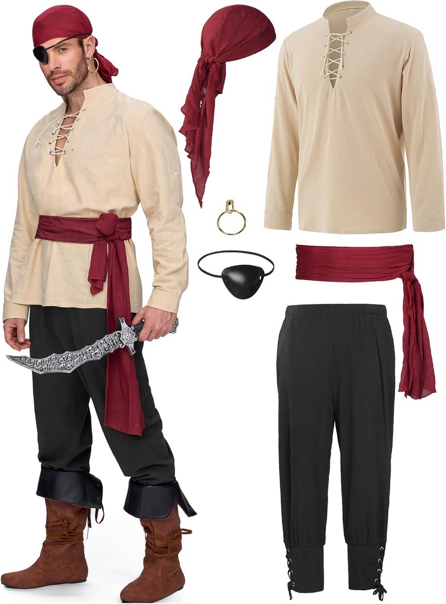Compleet 6-delig Piratenkostuum voor Heren - Beige en Zwart Outfit