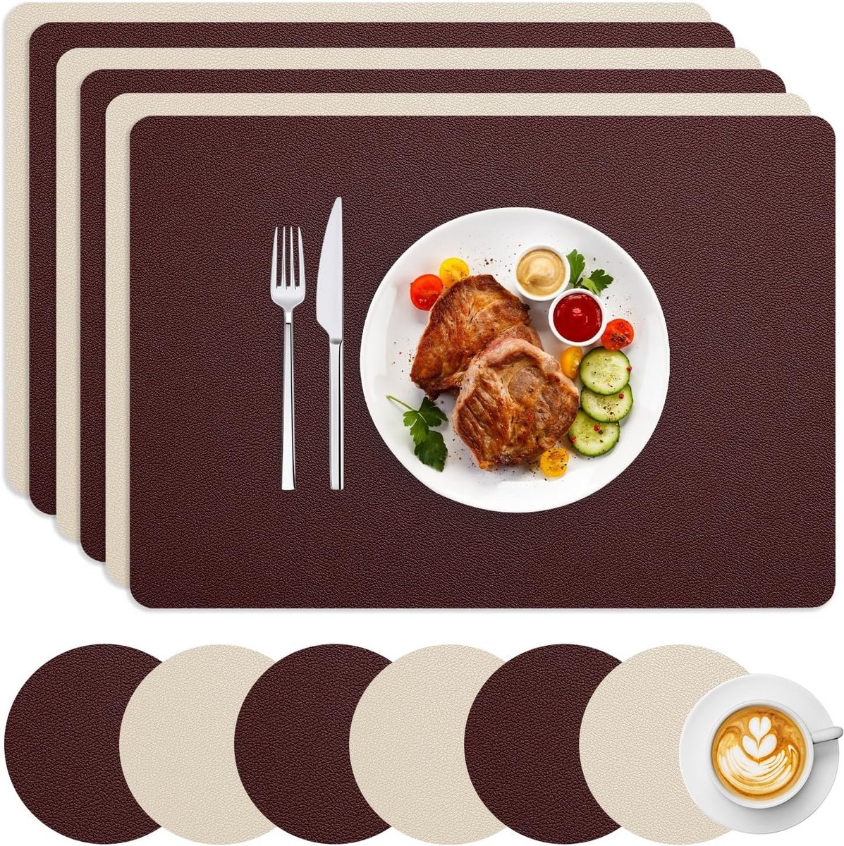 Set van 4 Rechthoekige Placemats met Onderzetters, Afwasbaar en Dubbelzijdig