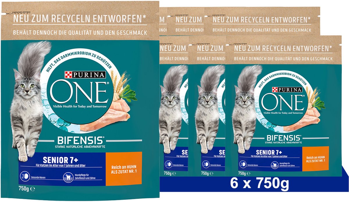 Purina One PURINA ONE BIFENSIS SENIOR 7+ droogvoer voor katten, rijk aan kip (6 x 750g)